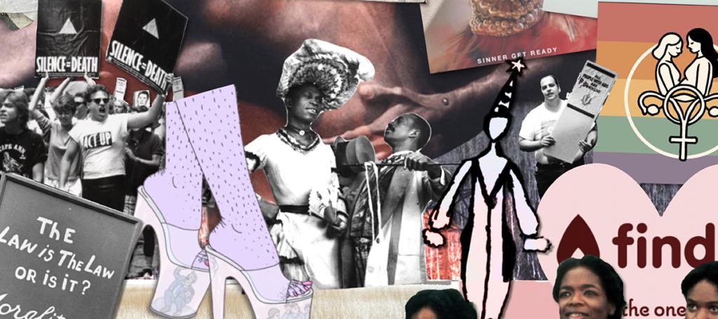 A collage of cutout graphics and photos.